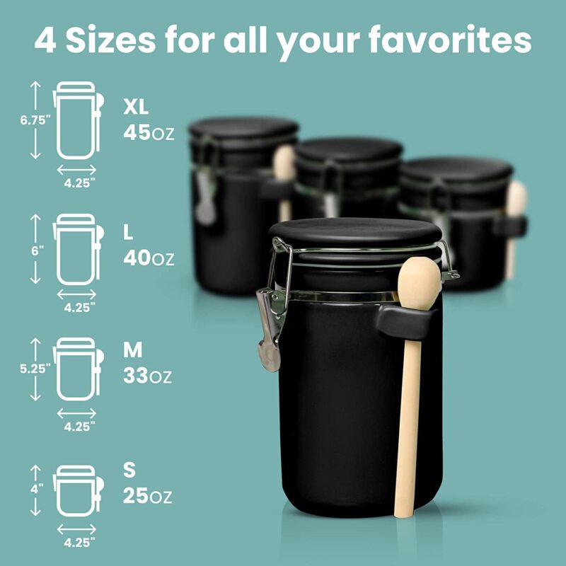 Black Ceramic Kitchen Airtight Canisters Set for Countertop with Wooden Spoons and Reusable Chalk Marker and Labels for Sugar, Coffee, Flour, Tea - Image 5