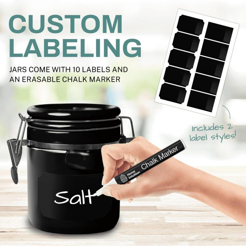 Black Ceramic Kitchen Airtight Canisters Set for Countertop with Wooden Spoons and Reusable Chalk Marker and Labels for Sugar, Coffee, Flour, Tea - Image 3