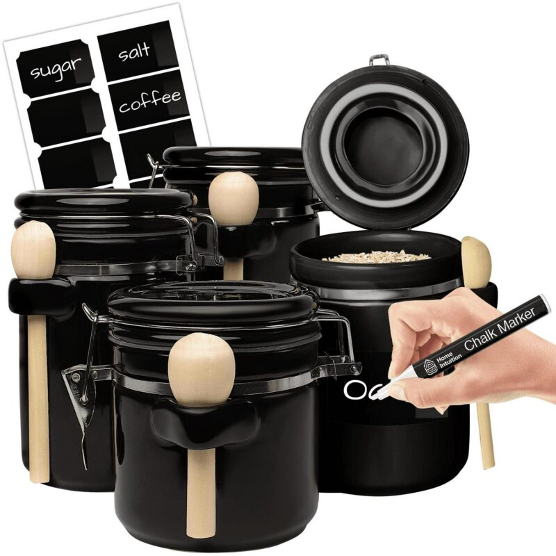 Black Ceramic Kitchen Airtight Canisters Set for Countertop with Wooden Spoons and Reusable Chalk Marker and Labels for Sugar, Coffee, Flour, Tea