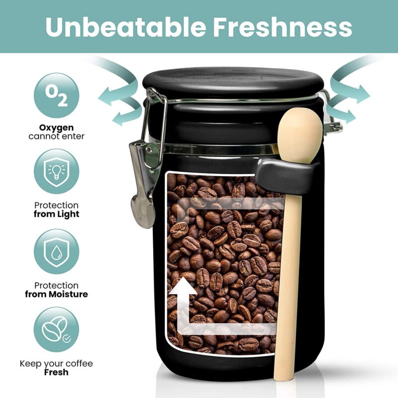 Black Ceramic Kitchen Airtight Canisters Set for Countertop with Wooden Spoons and Reusable Chalk Marker and Labels for Sugar, Coffee, Flour, Tea - Image 2