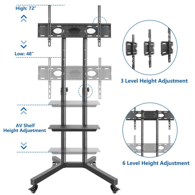 Black Mobile TV Stand Cart on Wheels for 32 to 75 inch TVs - Image 6