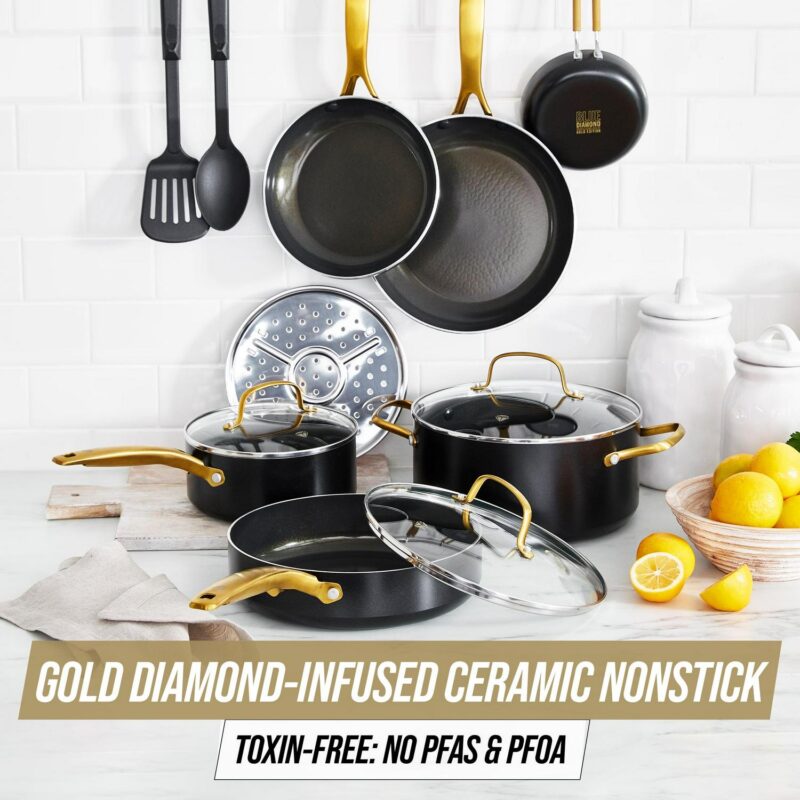 Blue Diamond Gold Edition Ceramic Nonstick 12 Piece Cookware Set, PFAS-Free, Gold - Image 3