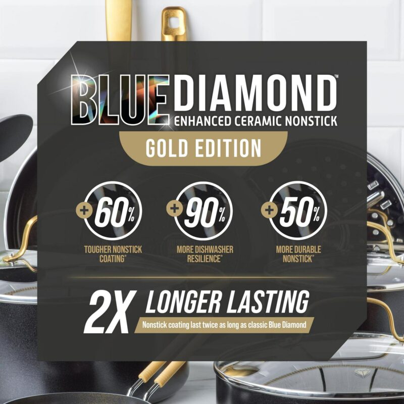 Blue Diamond Gold Edition Ceramic Nonstick 12 Piece Cookware Set, PFAS-Free, Gold - Image 4