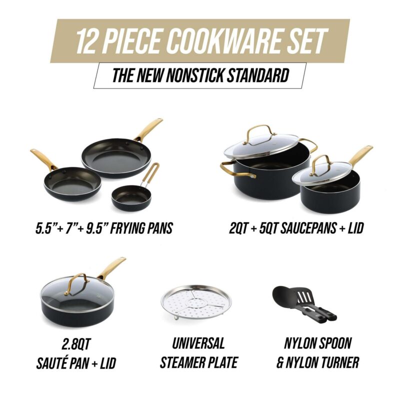 Blue Diamond Gold Edition Ceramic Nonstick 12 Piece Cookware Set, PFAS-Free, Gold - Image 6