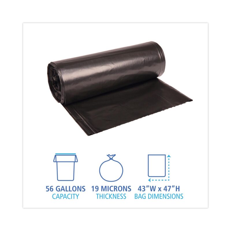 Boardwalk High-Density Trash Bags, 56 gal, 19 microns, 43  x 47 , Black, 25 Bags/Roll, 6 Rolls/Carton - Image 2