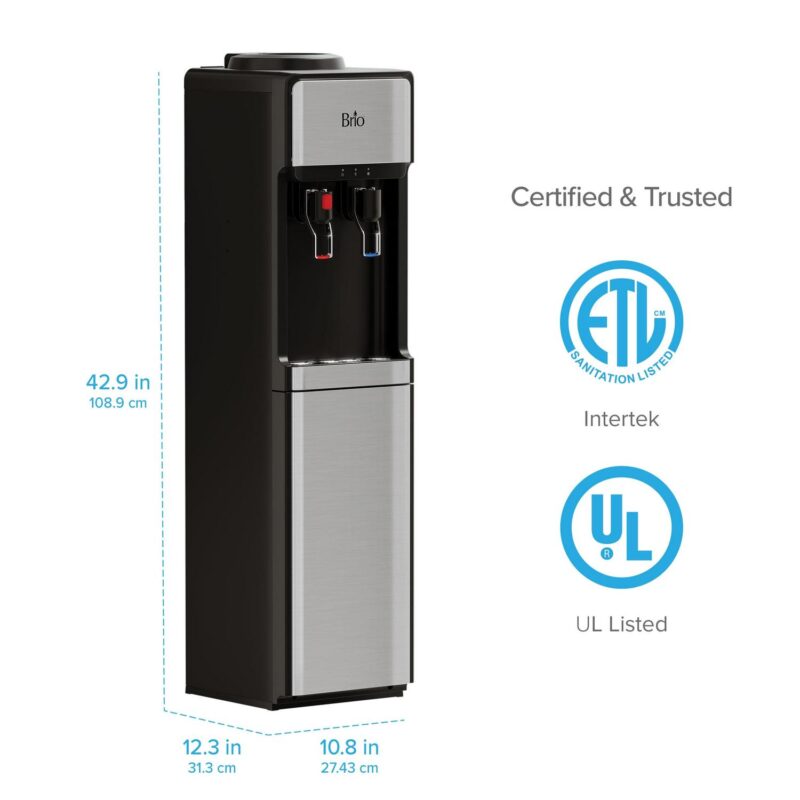 Brio 300 Series Slimline Top-Load Water Dispenser for 3 and 5 Gallon Bottles, Paddle Dispensing, Hot and Cold, LED Indicator Lights, Stainless Steel - Image 7
