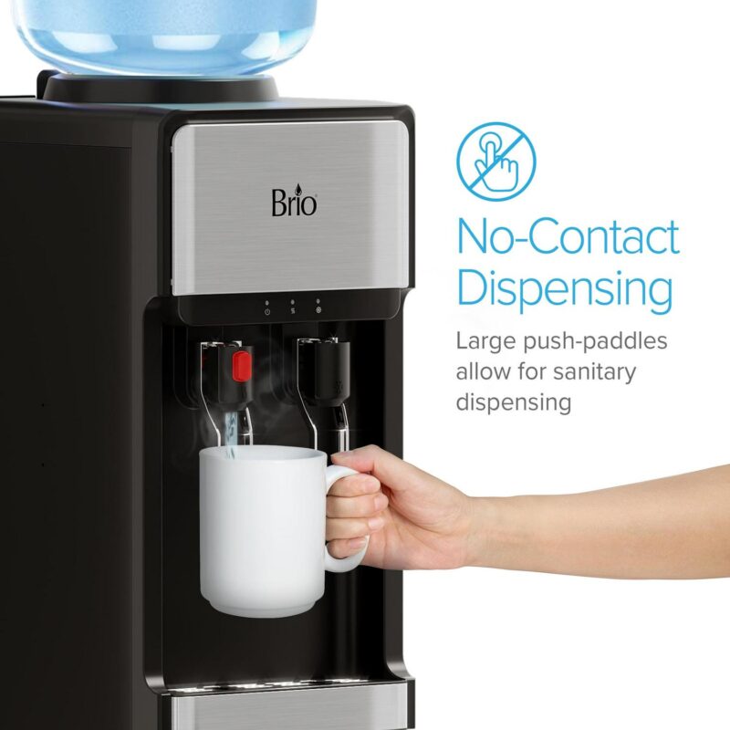 Brio 300 Series Slimline Top-Load Water Dispenser for 3 and 5 Gallon Bottles, Paddle Dispensing, Hot and Cold, LED Indicator Lights, Stainless Steel - Image 5