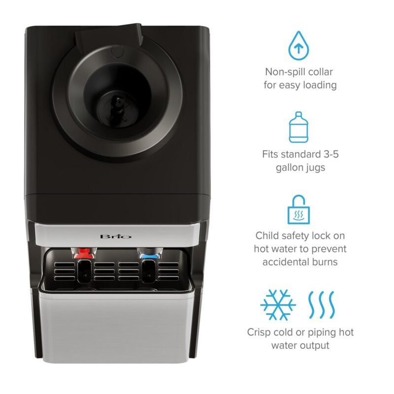 Brio 300 Series Slimline Top-Load Water Dispenser for 3 and 5 Gallon Bottles, Paddle Dispensing, Hot and Cold, LED Indicator Lights, Stainless Steel - Image 6