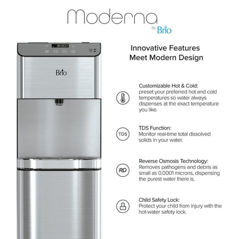 Brio 700 Series Moderna 4-Stage Filtration Reverse Osmosis Touch-Less Bottleless P.O.U. Tri-Temperature Hot 194 Degrees, Room and Cold 39 Degrees Digital Water Cooler Dispenser - Image 3