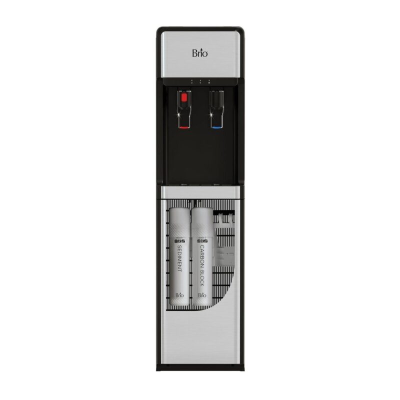 Brio Slimline Bottleless Water Dispenser with 2-Stage Filtration, Paddle Dispensing, Hot and Cold, 2 Extra Filters Included, Stainless Steel