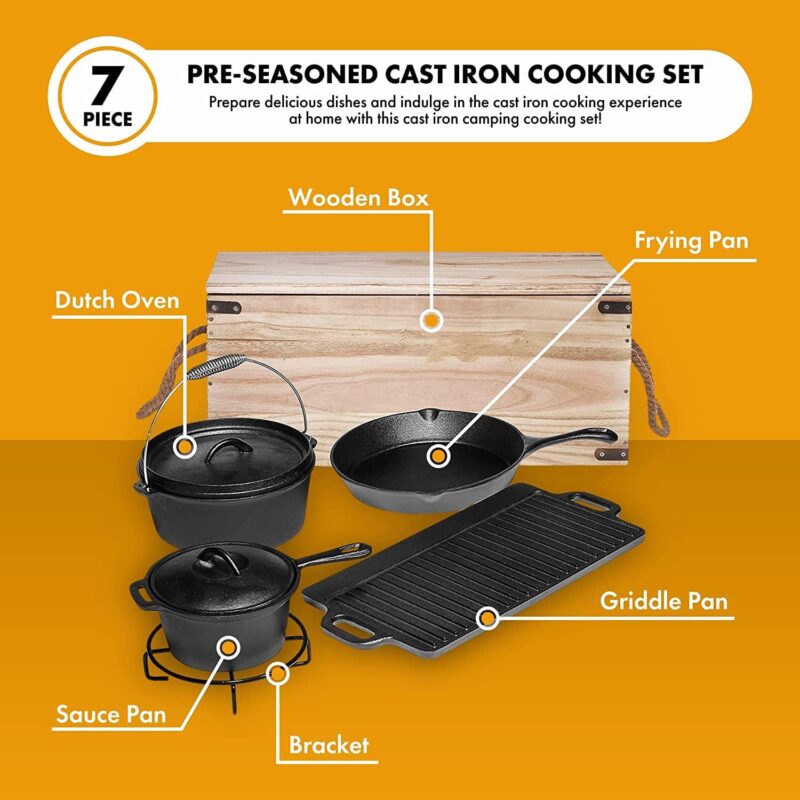 Bruntmor Camping Cooking Set Of 7 - Pre Seasoned Cast Iron Pots, Pans, and Dutch Ovens with Lids for Outdoor Campfire Cooking - Skillet Grill Cookware Set with Storage Box - Image 3
