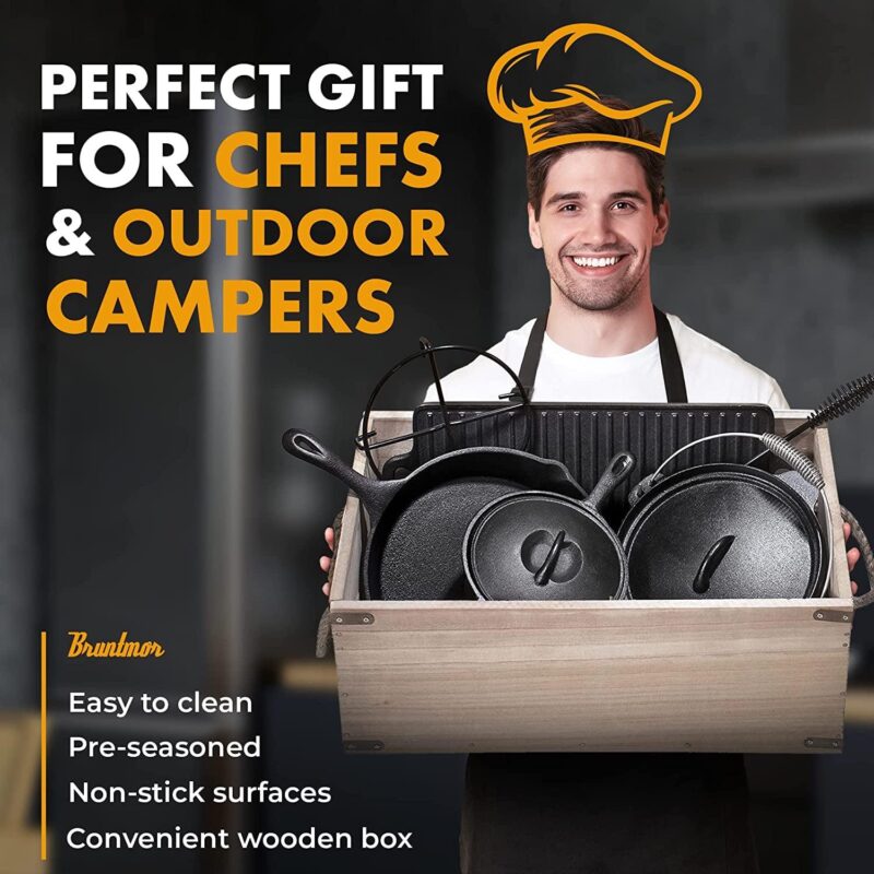 Bruntmor Camping Cooking Set Of 7 - Pre Seasoned Cast Iron Pots, Pans, and Dutch Ovens with Lids for Outdoor Campfire Cooking - Skillet Grill Cookware Set with Storage Box - Image 6