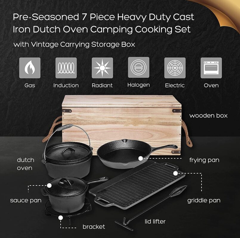 Bruntmor Camping Cooking Set Of 7 - Pre Seasoned Cast Iron Pots, Pans, and Dutch Ovens with Lids for Outdoor Campfire Cooking - Skillet Grill Cookware Set with Storage Box - Image 2
