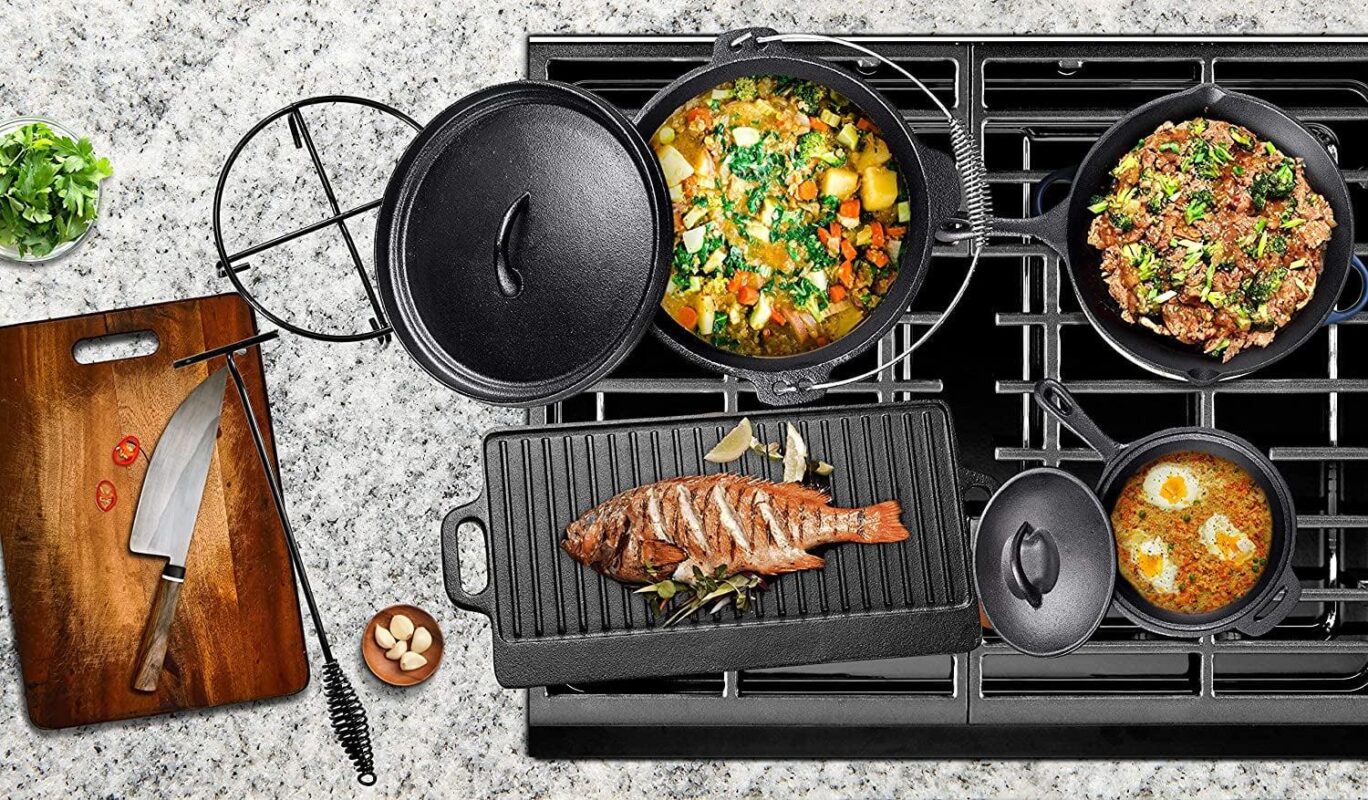 Bruntmor Camping Cooking Set Of 7 - Pre Seasoned Cast Iron Pots, Pans, and Dutch Ovens with Lids for Outdoor Campfire Cooking - Skillet Grill Cookware Set with Storage Box - Image 4