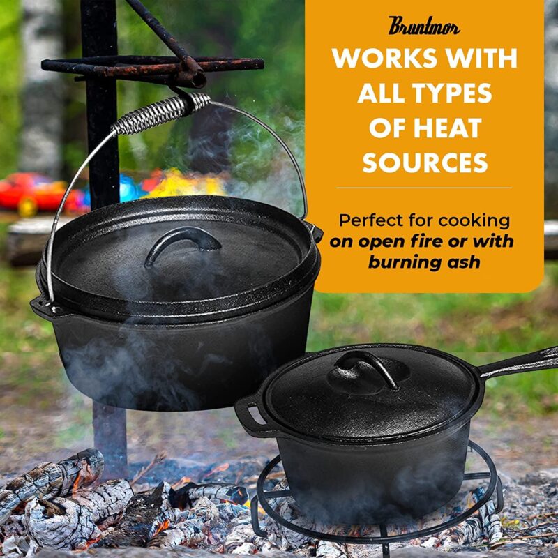 Bruntmor Camping Cooking Set Of 7 - Pre Seasoned Cast Iron Pots, Pans, and Dutch Ovens with Lids for Outdoor Campfire Cooking - Skillet Grill Cookware Set with Storage Box - Image 7