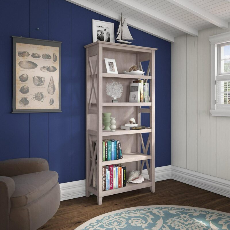 Bush Furniture Key West Tall 5 Shelf Bookcase, Washed Gray, - Image 4