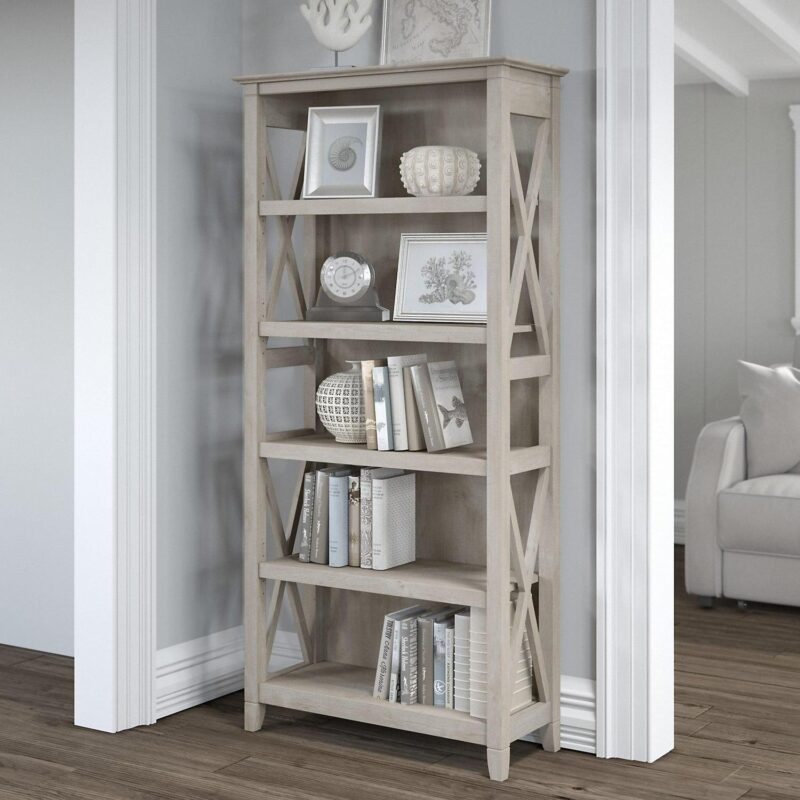 Bush Furniture Key West Tall 5 Shelf Bookcase, Washed Gray, - Image 2