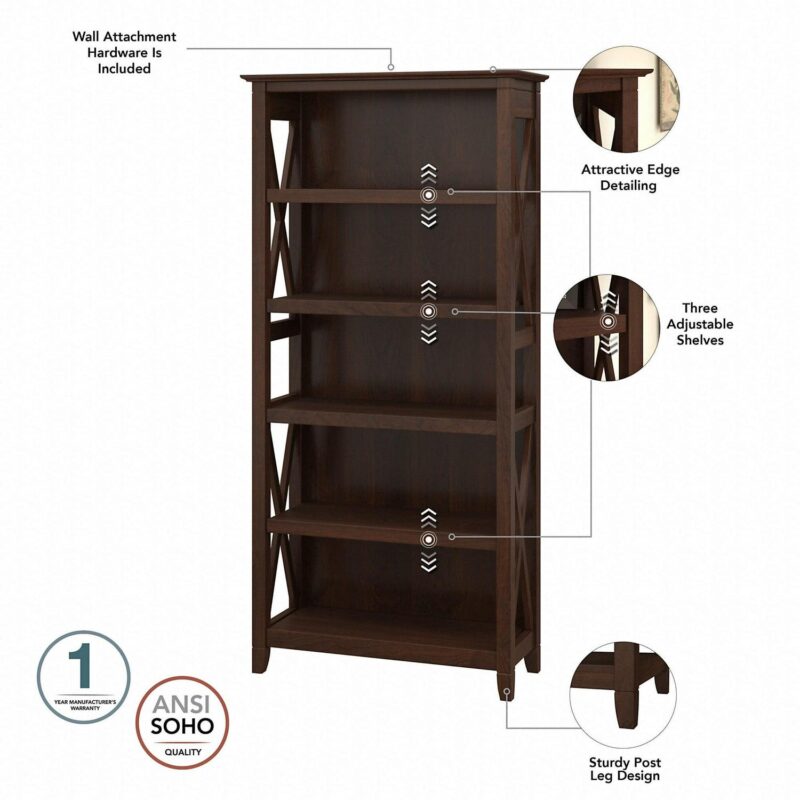 Bush Furniture Key West Tall 5 Shelf Bookcase, Bing Cherry - Image 4