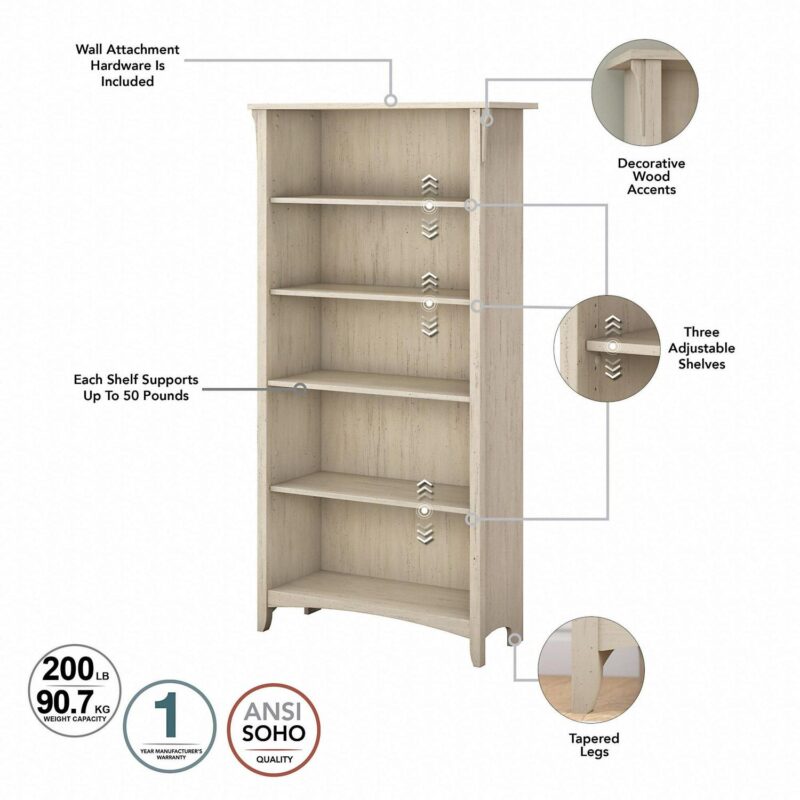 Bush Furniture Salinas Tall 5 Shelf Bookcase, Antique White - Image 4
