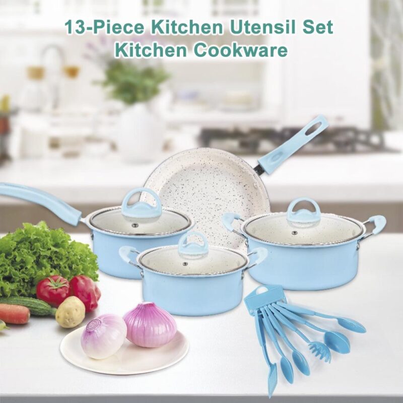 CACAGOO Small Nonstick 13 Piece Kitchen Cookware Pots and Frying Sauce Pans Set, PFAS-Free, Dishwasher , Turquoise - Image 3