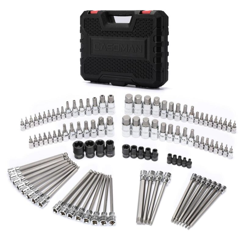 CASOMAN 107-Piece Bit Socket Set, 1/4 , 3/8  and 1/2  Drive, Torx/Extra Long Torx/Tamper Proof Torx/Hex/Ball End Hex, SAE/Metric, S2 Steel Bits