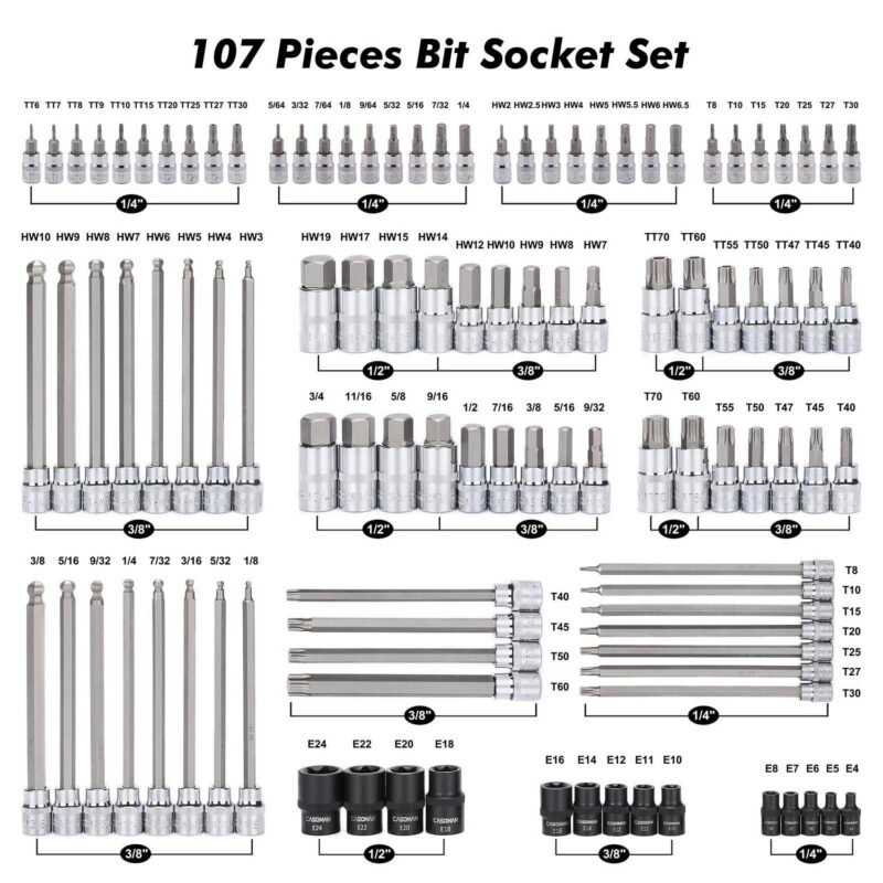CASOMAN 107-Piece Bit Socket Set, 1/4 , 3/8  and 1/2  Drive, Torx/Extra Long Torx/Tamper Proof Torx/Hex/Ball End Hex, SAE/Metric, S2 Steel Bits - Image 5