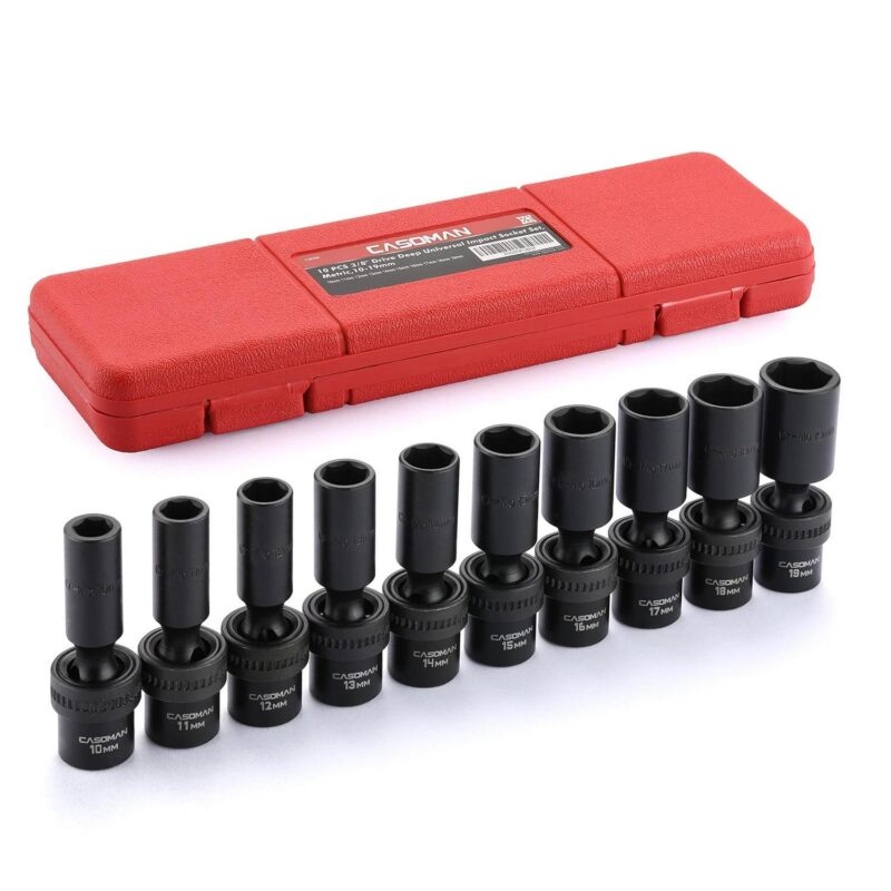 CASOMAN 10 Pcs 3/8  Drive Deep Standard Universal Impact Socket Set, 6 Point, CR-MO, Metric, 10-19mm