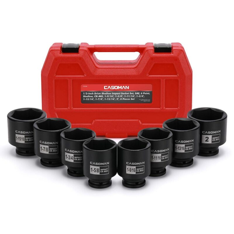 CASOMAN 1/2-inch Drive Shallow Spindle Axle Nut Impact Socket Set, 1-9/16  to 2 , 6-Point, SAE, CR-MO, 8 Piece 1/2  Heavy Duty Impact Socket Set