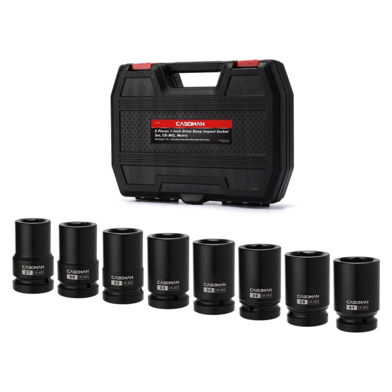 CASOMAN 8 Pieces 1-inch Drive Deep Impact Socket Set, CR-MO, Metric, 6-Point, Heavy Duty Wheel Impact Socket Set