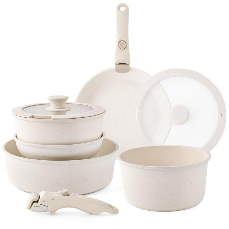 Caannasweis 9 PCS Nonstick Cookware Sets Stackable Pots and Pans Set Detachable Handle Camping Cookware