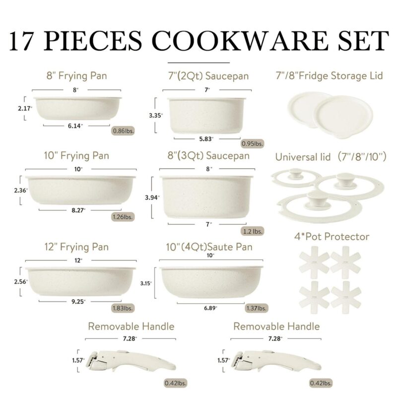 Carote Nonstick Cookware Sets, 17 Pcs Granite Non Stick Pots and Pans Set with Removable Handle - Image 2