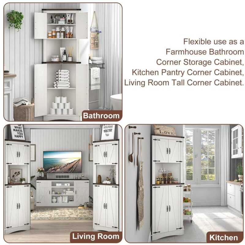 ChVans Farmhouse 68  Tall Corner Cabinet w/4 Barn Doors, 5 Tier Bookcase Storage Cabinet with Adjustable Shelves, Corner Storage Cabinet for Bathroom,Living Room,Kitchen, Rustic White - Image 9