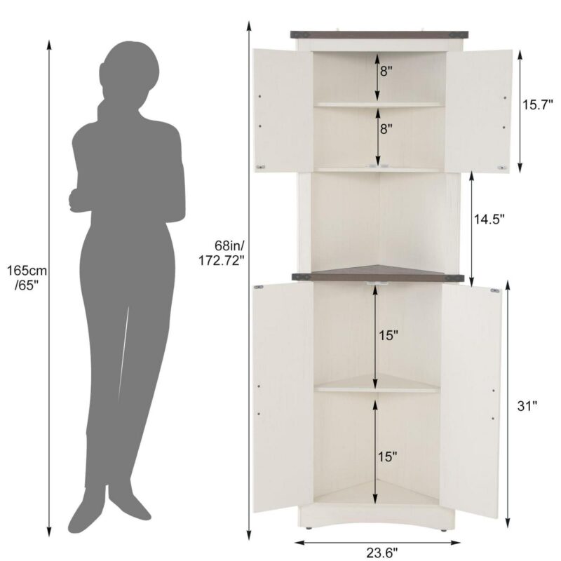 ChVans Farmhouse 68  Tall Corner Cabinet w/4 Barn Doors, 5 Tier Bookcase Storage Cabinet with Adjustable Shelves, Corner Storage Cabinet for Bathroom,Living Room,Kitchen, Rustic White - Image 4