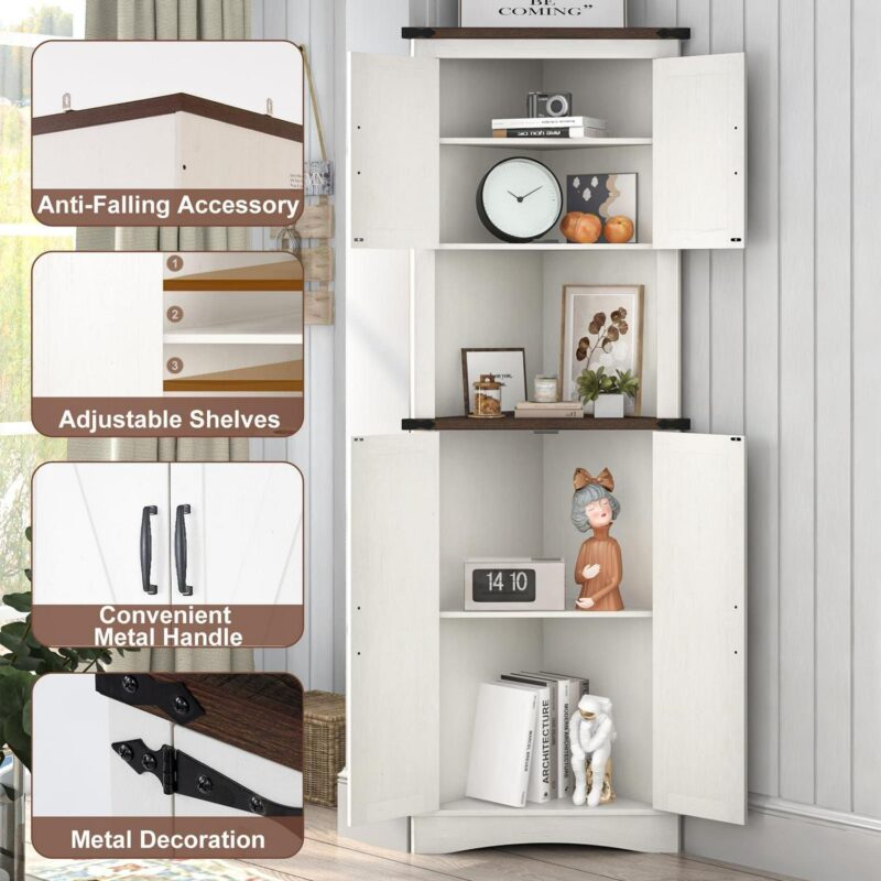 ChVans Farmhouse 68  Tall Corner Cabinet w/4 Barn Doors, 5 Tier Bookcase Storage Cabinet with Adjustable Shelves, Corner Storage Cabinet for Bathroom,Living Room,Kitchen, Rustic White - Image 3