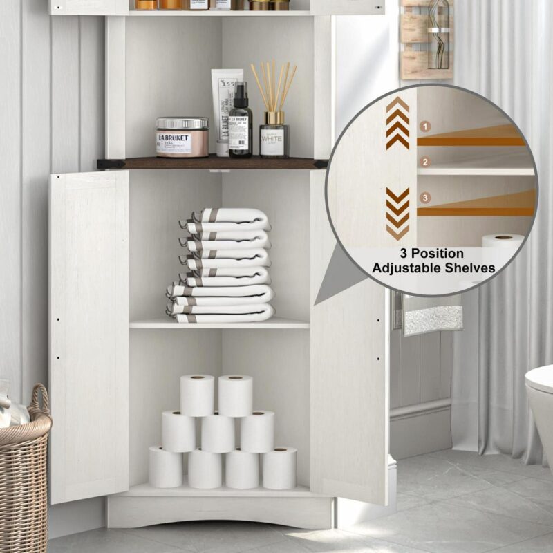 ChVans Farmhouse 68  Tall Corner Cabinet w/4 Barn Doors, 5 Tier Bookcase Storage Cabinet with Adjustable Shelves, Corner Storage Cabinet for Bathroom,Living Room,Kitchen, Rustic White - Image 8