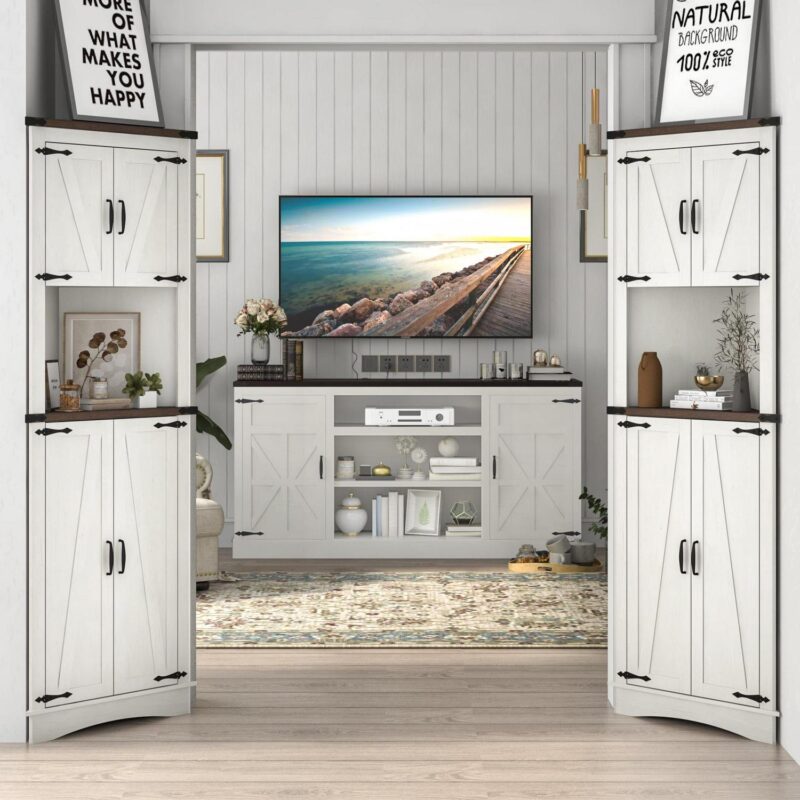 ChVans Farmhouse 68  Tall Corner Cabinet w/4 Barn Doors, 5 Tier Bookcase Storage Cabinet with Adjustable Shelves, Corner Storage Cabinet for Bathroom,Living Room,Kitchen, Rustic White - Image 6