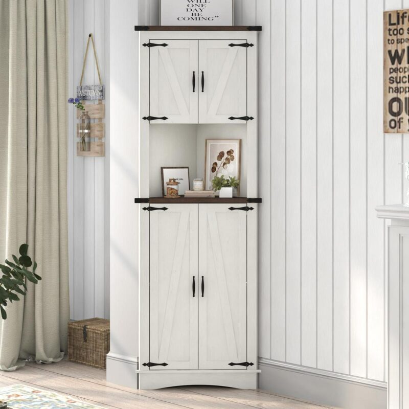 ChVans Farmhouse 68  Tall Corner Cabinet w/4 Barn Doors, 5 Tier Bookcase Storage Cabinet with Adjustable Shelves, Corner Storage Cabinet for Bathroom,Living Room,Kitchen, Rustic White
