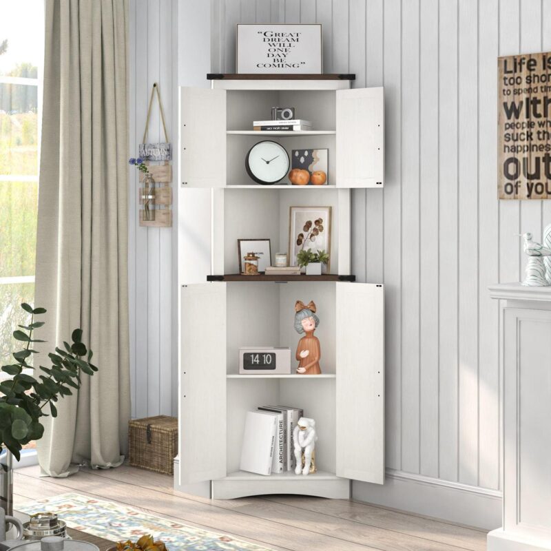 ChVans Farmhouse 68  Tall Corner Cabinet w/4 Barn Doors, 5 Tier Bookcase Storage Cabinet with Adjustable Shelves, Corner Storage Cabinet for Bathroom,Living Room,Kitchen, Rustic White - Image 2