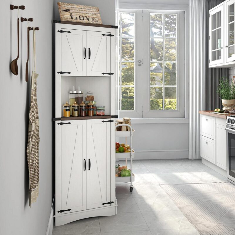ChVans Farmhouse 68  Tall Corner Cabinet w/4 Barn Doors, 5 Tier Bookcase Storage Cabinet with Adjustable Shelves, Corner Storage Cabinet for Bathroom,Living Room,Kitchen, Rustic White - Image 5