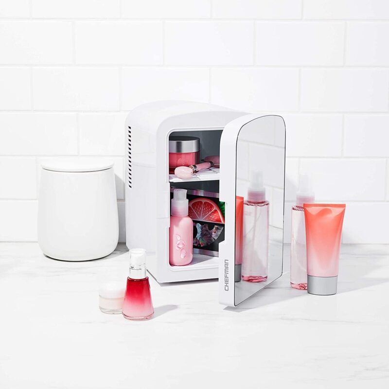 Chefman Portable Mirrored 4L Mini Fridge w/ Heating and Cooling - White, New - Image 6