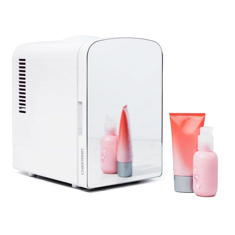 Chefman Portable Mirrored 4L Mini Fridge w/ Heating and Cooling - White, New