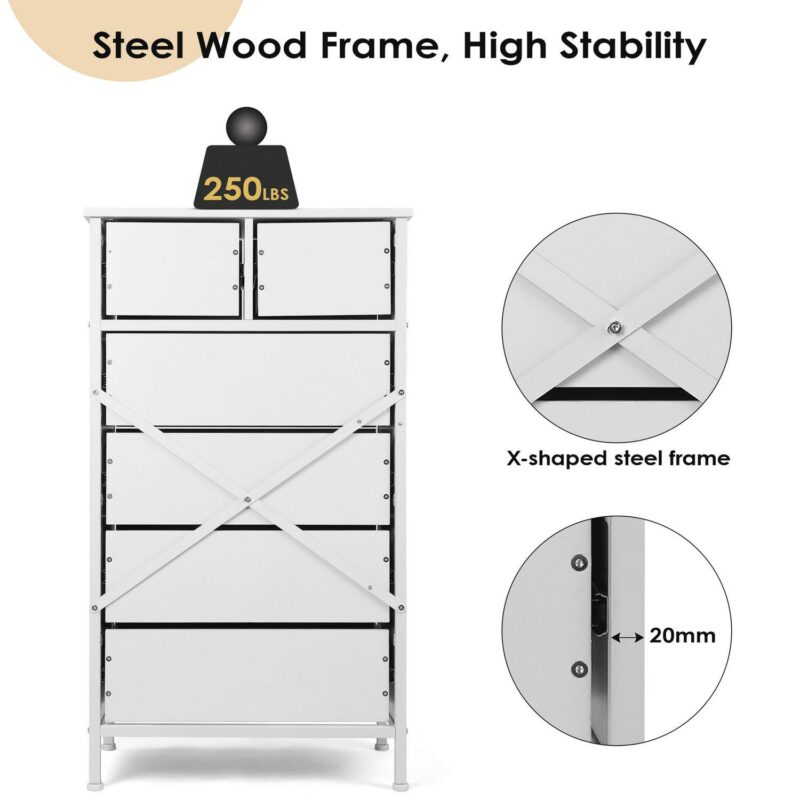 Chest of 6 Drawers, Drawer Dresser storage organizer for Bedroom, Living Room, Hallway, Nursery, Storage Cabinet Wooden Dresser with Steel Frame,White - Image 7
