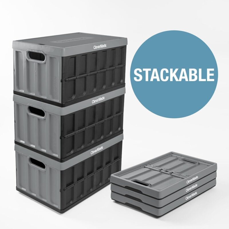 CleverMade 3 Pack Stackable Collapsible Storage Bin with Lids - 16 Gal Stone - Image 5