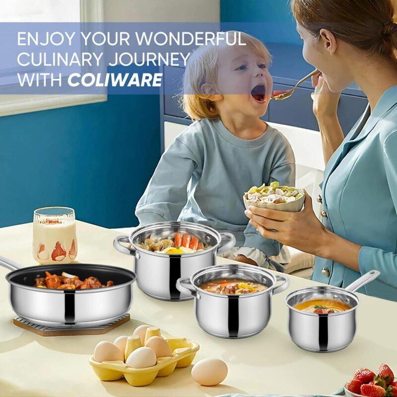 Coliware Pots and Pans Set, 5Pcs Stainless Steel Cookware Sets with Stock Pots Saucepans Frying Pans, Non-Stick Commercial Cooking Set Compatible with All Stovetops, Dishwasher Safe - Image 9