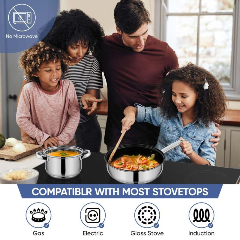 Coliware Pots and Pans Set, 5Pcs Stainless Steel Cookware Sets with Stock Pots Saucepans Frying Pans, Non-Stick Commercial Cooking Set Compatible with All Stovetops, Dishwasher Safe - Image 8