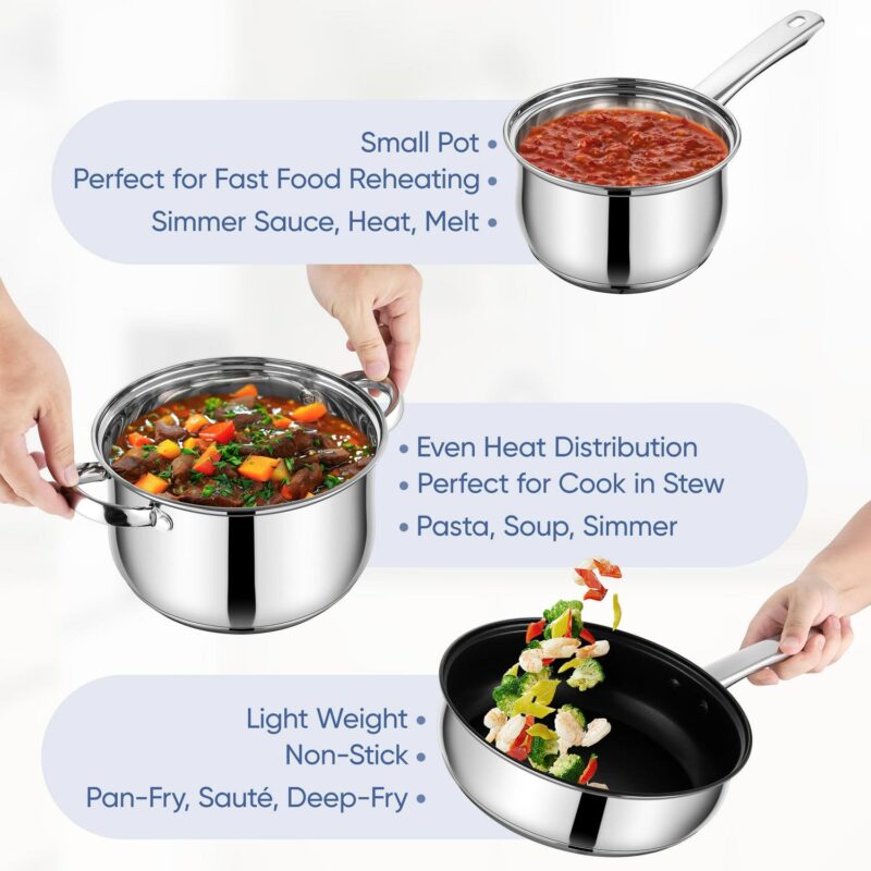 Coliware Pots and Pans Set, 5Pcs Stainless Steel Cookware Sets with Stock Pots Saucepans Frying Pans, Non-Stick Commercial Cooking Set Compatible with All Stovetops, Dishwasher Safe - Image 4