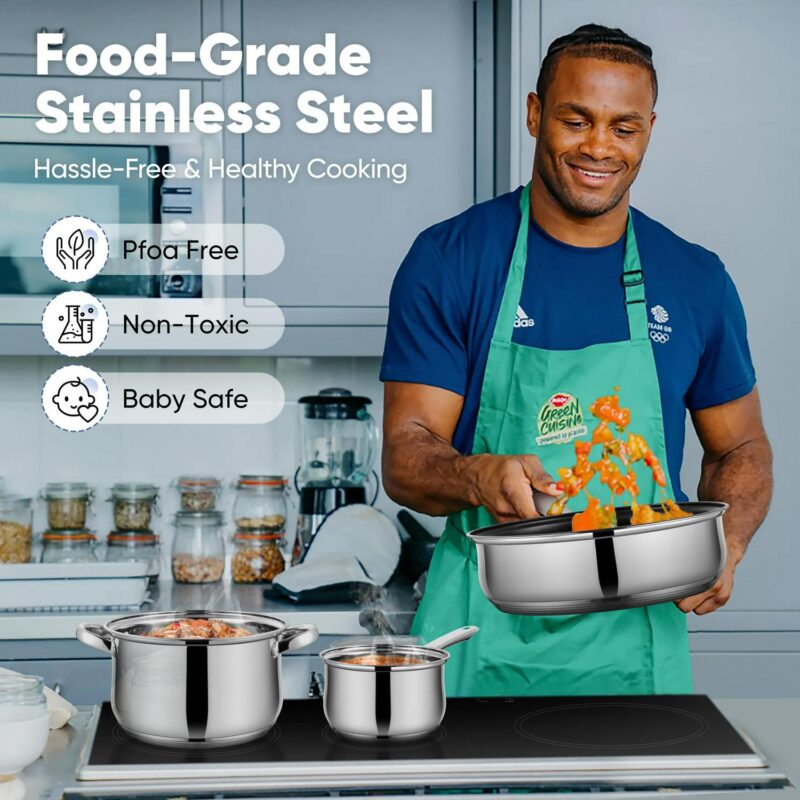 Coliware Pots and Pans Set, 5Pcs Stainless Steel Cookware Sets with Stock Pots Saucepans Frying Pans, Non-Stick Commercial Cooking Set Compatible with All Stovetops, Dishwasher Safe - Image 5
