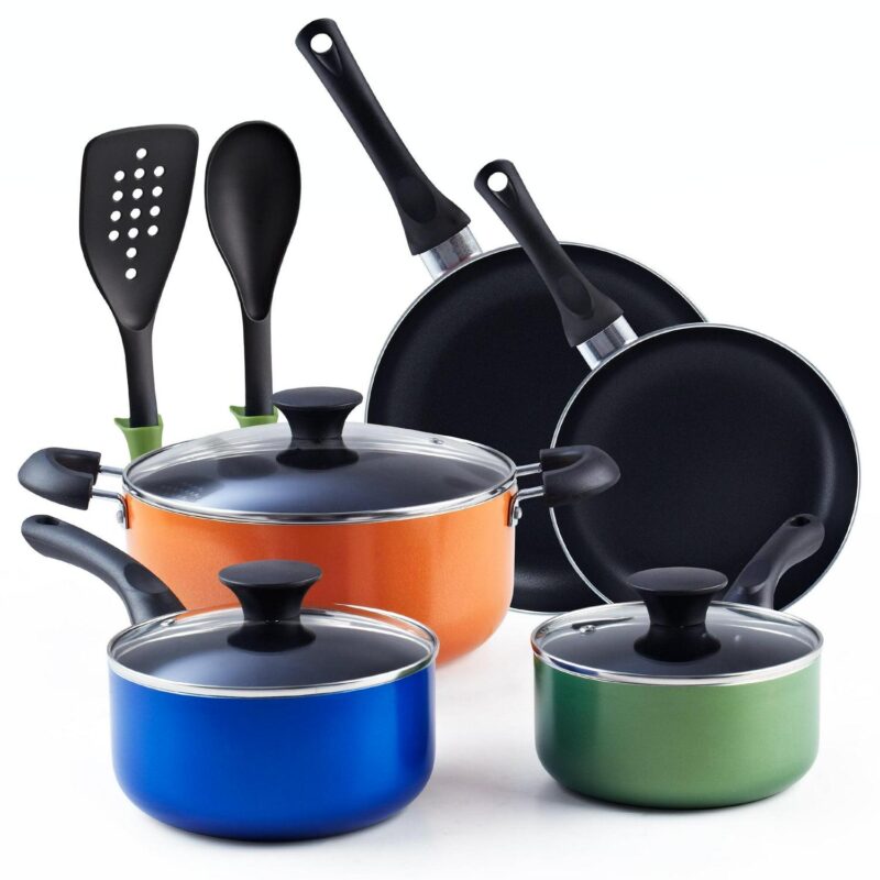 Cook N Home Colorful Pots and Pans Set Non Stick, 10-Piece Small Cookware RV Pots and Pans Set for Camper, Stay Cool Handle, Suitable for the First Apartment, Multicolor