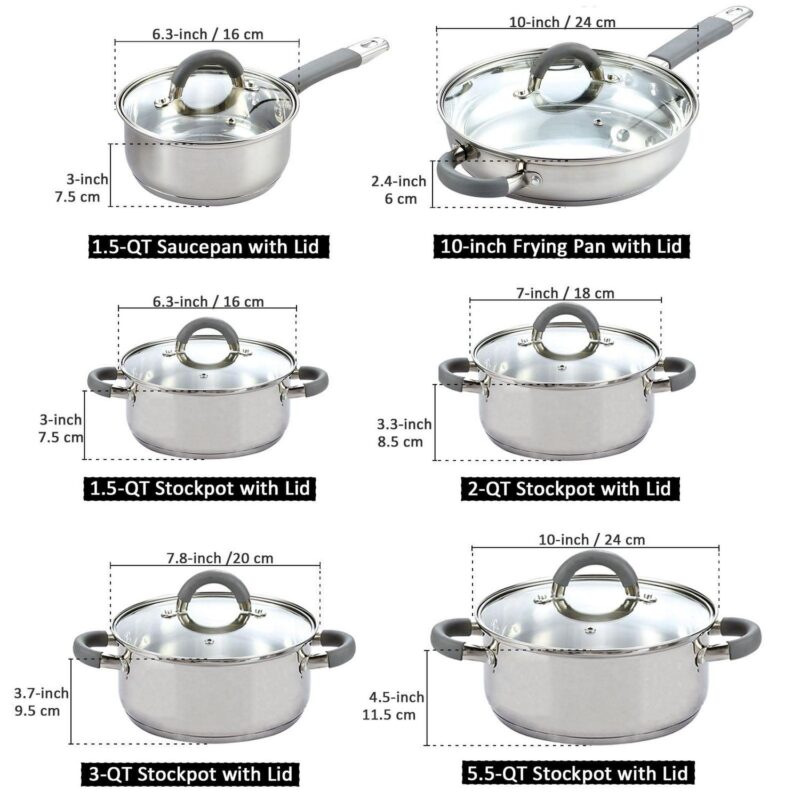 Cook N Home Kitchen Cookware Sets, 12-Piece Basic Stainless Steel Pots and Pans with Grey Silicone Handles, Silver - Image 7