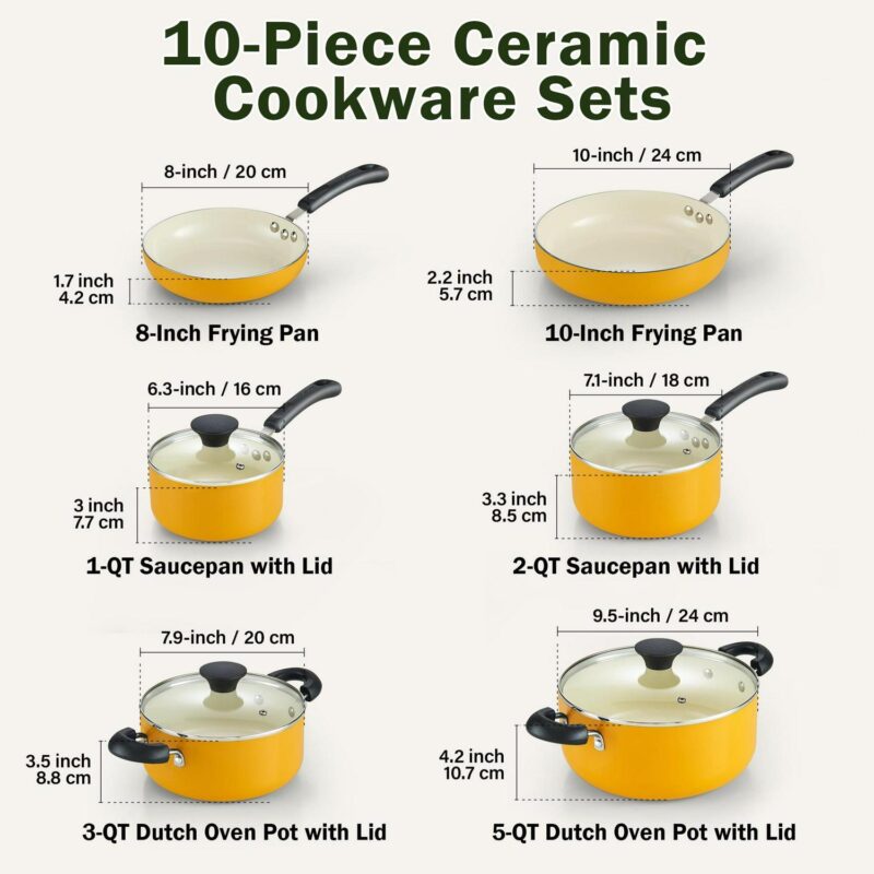 Cook N Home Nonstick Pots and Pans, 10-Piece Ceramic Kitchen Cookware Sets, Cooking with Saucepans, Frying Pans, Dutch Oven Pot with Lids, Yellow - Image 3